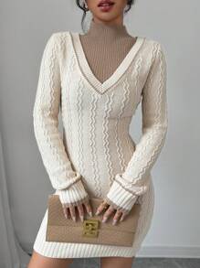 Calvaya Vestido de suéter elegante de manga larga con ajuste ceñido y bloque de color para mujeres, otoño/invierno