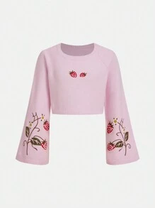 Tween 女童圆领草莓和花卉印花休闲长袖毛衣 - 粉色 - 查看 1