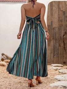 SHEIN Clasi Plus Size All-Over Print Halter Backless High Slit Dress - Green - View 2