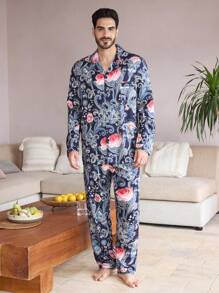 Manfinity ChillVibe Men's Paisley Floral Print Lapel Neck Single Breasted Long Sleeve Top And Pants Loungewear Set - Multicolor - View 1