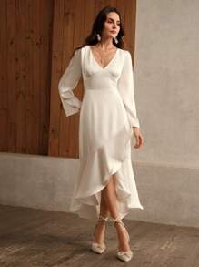 Anewsta Elegant Satin Ruffle Waist Slimming Long Dress For Women - White - View 5