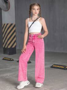 少女Y2K街头日常款弹力腰直筒牛仔裤，带平口袋，日常款 - 玫紅色 - 查看 5