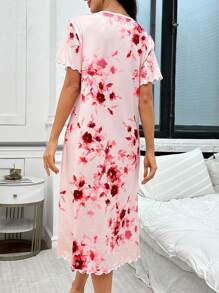 Camisón con cuello redondo de manga corta con estampado floral y volantes para mujer - Multicolor - Ver 2