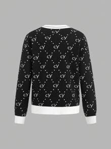 Boys' Simple Vintage-Style Contrast Trim Letter Pattern Cardigan Sweater,Black And White,Autumn,Casual,School,Back-To-School,Elegant Versatile Design - Black - View 2