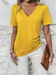 INAWLY Women's Solid V-Neck Short Sleeve Pleated Casual T-Shirt, Summer - Yellow - View 4