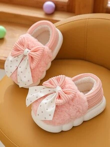 1 双女童蝴蝶结毛绒平底可爱儿童室内拖鞋，适合冬季 - 粉色 - 查看 2