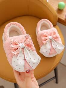 1 双女童蝴蝶结毛绒平底可爱儿童室内拖鞋，适合冬季 - 粉色 - 查看 4