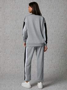 EURMUSE Cotton Colorblock Detail Sweatshirt + Sweatpants Set - Grey - View 2