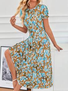 SHEIN LUNE 夏季休闲泡泡袖全印花连衣裙 - 駝色 - 查看 1