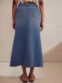 TrendSteals New Autumn/Winter Vintage Washed Denim A-Line Skirt With Front & Back Slit - Blue - View 2