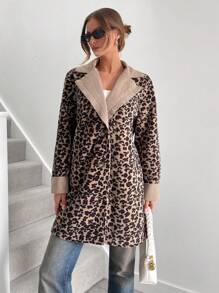 SHEIN Essnce Trajes Femininos Traje Leopardo Gola Redonda Manga Longa Colorblock Estampa Leopardo Elegante Casual Casacos Natal Leopardo Veludo Manga Comprida Outono E Inverno Casual Comprimento Médio Casaco Roupas Femininas de Inverno - Multicolorido - Ver 1