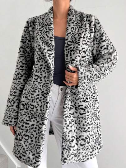 SHEIN Essnce 冬季女大衣女装披肩领豹纹仿皮草休闲外套山猫皮草大衣猫女皮草大衣秋冬老款款式适合外出休闲出门时尚百搭高级