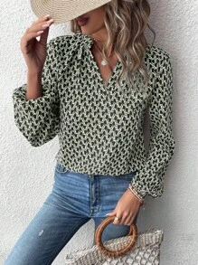 Calvaya Women's V-Neck Long Sleeve Casual Comfortable Allover Print Shirt, Random Print