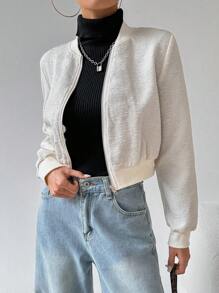 SHEIN EZwear Women's Textured Bomber Jacket Casual Spring Autumn Outwear - Apricot - View 4