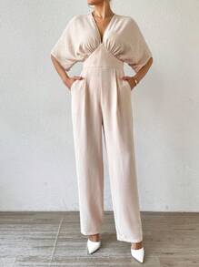 SHEIN Privé Deep V-Neck Ruched Waist Batwing Sleeve Elegant Office Jumpsuit