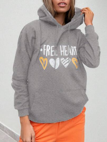 Cottnline 95% CottonWomen Fashion Letter Print Drawstring Hooded Long Sleeve Casual Sweatshirt