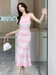Ladies' Ribbed Color Blocked Slim Fit Vest, Elegant Round Neck Sleeveless Spring/Summer Dress Suitable For Spring/Summer/Autumn - Baby Pink - View 4