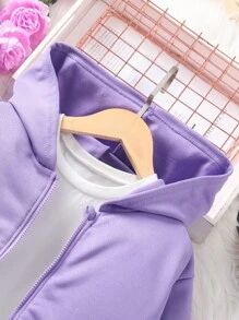 SHEIN Tween Girls Solid Star Embroidered Hooded Sweatshirt Set, Autumn/Winter - Purple - View 7