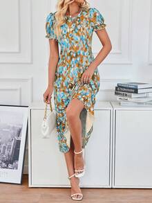 SHEIN LUNE 夏季休闲泡泡袖全印花连衣裙 - 駝色 - 查看 4