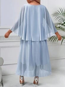 SHEIN Clasi Vestido simple con contraste de malla, cuello en V y fruncido, talla grande - Azul - Ver 2