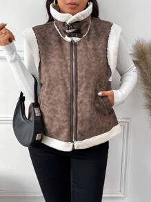 SHEIN Frenchy Plus Size Sleeveless Leather And Fur Lapel Jacket, Autumn/Winter