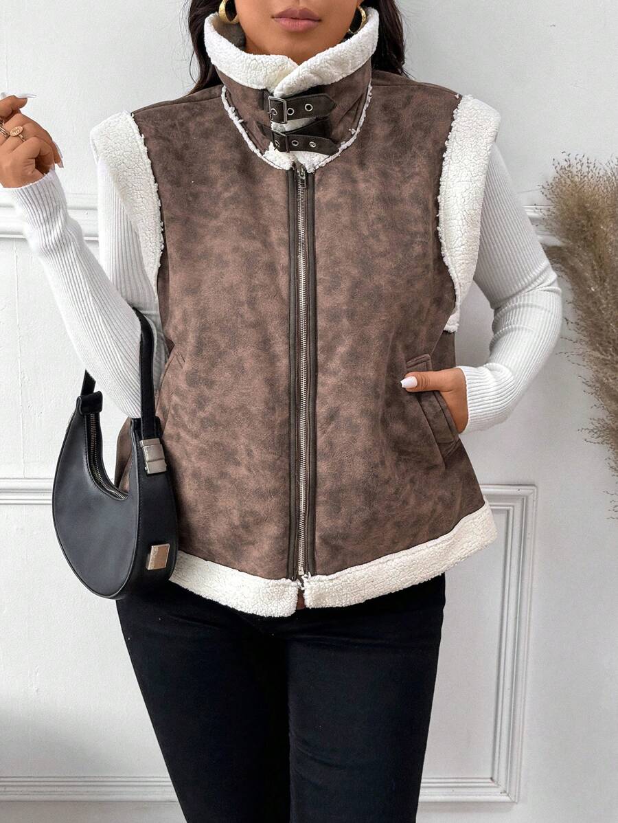 SHEIN Frenchy Plus Size Sleeveless Leather And Fur Lapel Jacket, Autumn/Winter