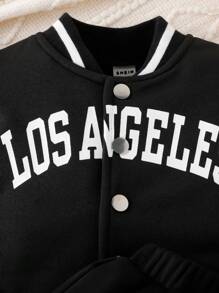 SHEIN 2 件装女婴字母印花长袖休闲棒球夹克和百褶裙套装，春季/秋季 - 黑色 - 查看 5