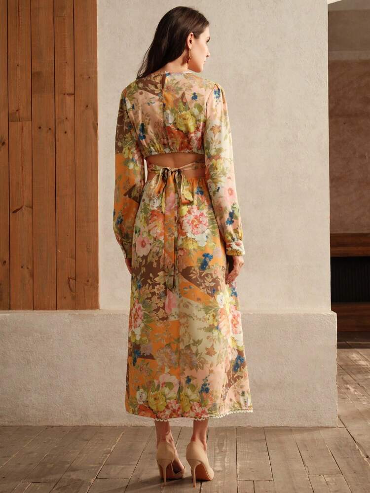 Elegant Floral Print Tie Waist Long Dress For Women, Spring Autumn