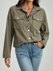 SHEIN Tall Flap Pocket Drop Shoulder Coat For Spring & Autumn - Army Green - View 7