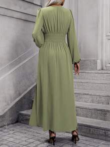 EMERY ROSE Đầm Maxi Thanh Lịch Cổ Chữ V Tay Phồng Rãnh Xếp Ly Eo Thời Trang Xuân Hè Cho Nữ - Màu xanh Ô liu - Xem 2