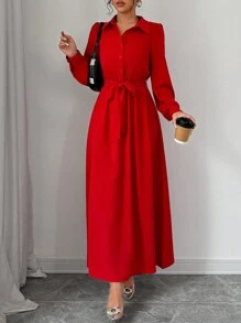 Elenzga Vestido de fiesta de Navidad para mujer, elegante y de moda, de manga larga, con solapa, cintura ceñida con cinturón, unicolor, ideal para el trabajo y los eventos de Año Nuevo