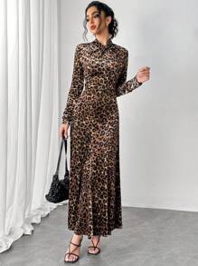 Elenzga Vestido largo con estampado de leopardo para mujer, outfit de mujer maximalista de otoño - Multicolor - Ver 5