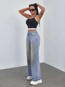 SHEIN ICON Jeans droits ample pour femmes avec poches, décontracté et polyvalent grunge - Jean bleu - Voir 6