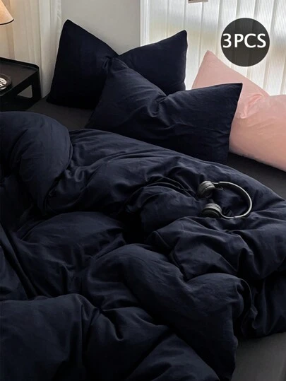 3pcs 100% Polyester Solid Color Lightweight Soft Breathable Duvet Cover Set (1 Duvet Cover And 2 Pillow Shams), Modern Polyester Bedding Set Suitable For All Seasons