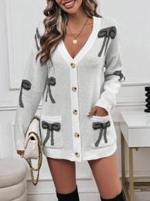 Chiquease Áo len cardigan dệt kim họa tiết nơ rộng rãi màu xanh nhạt cho nữ - Nhiều màu - Xem 6