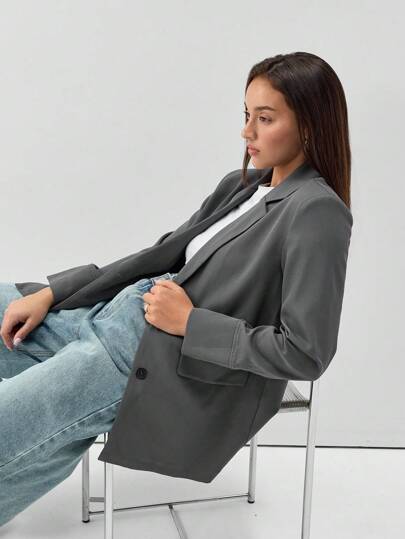 TRNVIE 女士休闲宽松立领长袖纯色西装外套，春秋季