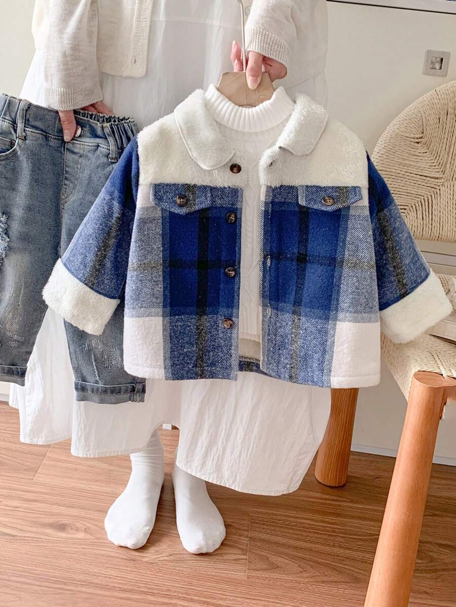 SHEIN Kurtka termiczna w kratę dla chłopców w stylu vintage, ciepła, swobodna, modna, zapinana na guziki, do zabawy w szkole, na zewnątrz i na śniegu