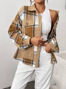 SHEIN LUNE 女式格子领口袋纽扣保暖夹克，秋冬 - 卡其色 - 查看 3