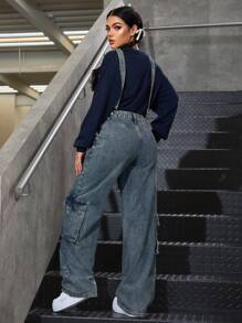 SHEIN EZwear 女士宽松工装口袋直筒工装裤牛仔连体裤 - 藍色 - 查看 3