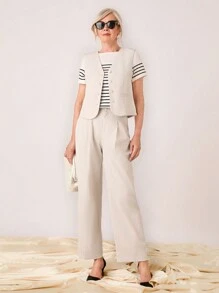 SHEIN LUNE Women Casual Solid Straight Leg Pants - Beige - View 1