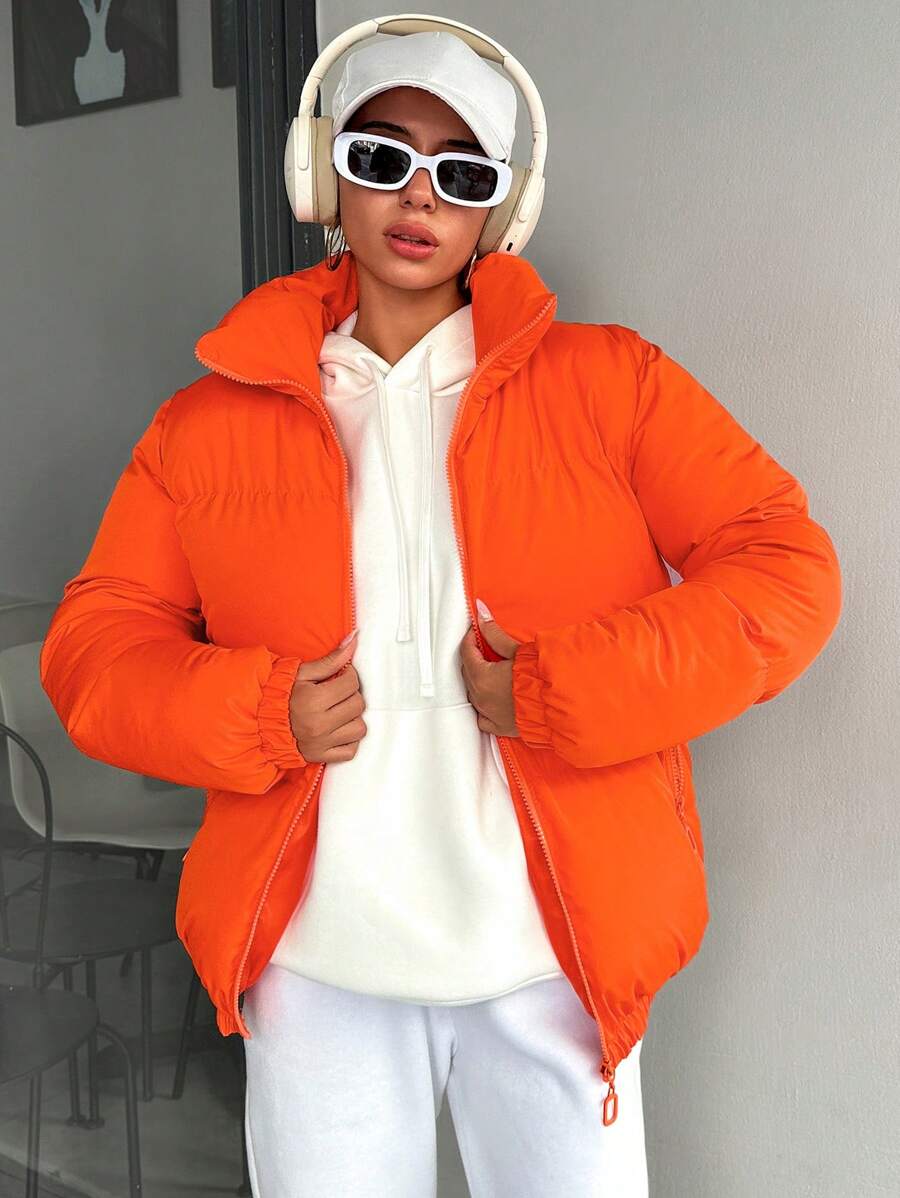 RueChic Tie-Dye Padded Coat With Zipper And Hoodie - Orange - View 1