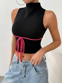 SHEIN EZwear 女式夏季立领无袖短款修身针织上衣，腰带 - 黑色 - 查看 6