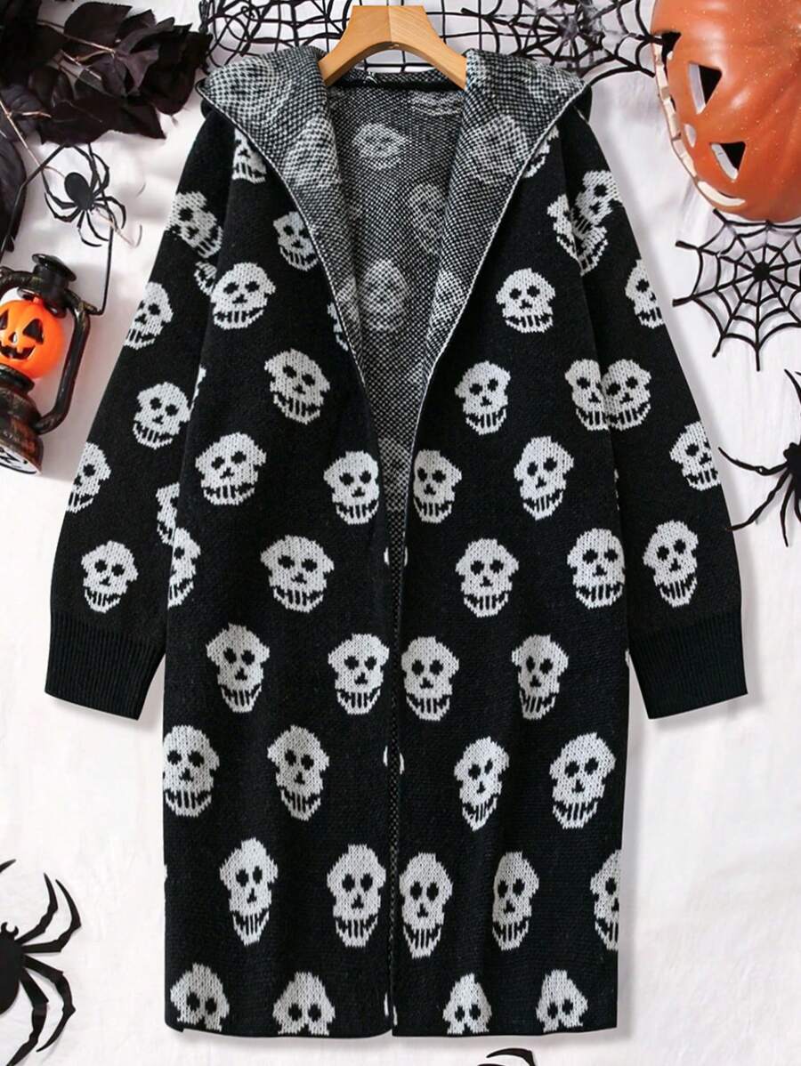 Flirla Plus Size Women Skull Pattern Long Sleeve Hooded Casual Cardigan For Autumn And Winter - Black and White - View 1