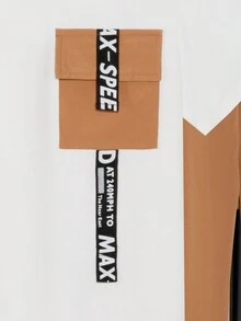 SHEIN 2 件套 青少年男孩圆领纯色拼接字母印花休闲 T 恤和裤子 - 棕色 - 查看 4