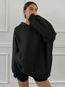 DAZY Thermal Lined Pullover Hooded Sweatshirt, Women Blank Hoodie, Fall Clothes, Thermal Lined - Black - View 2