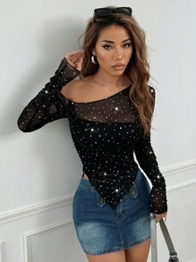 TRNVIE Blusa sexy de malla moldeadora para mujer - Negro - Ver 5