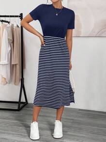 SHEIN Essnce 女士夏季休闲连衣裙拼色条纹修身连衣裙带侧开衩中长款女士连衣裙基本款 T 恤连衣裙夏季女装条纹连衣裙