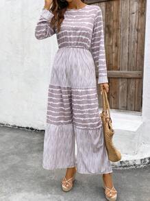 SHEIN LUNE Leisure Holiday Striped Patchwork Printed Round Neck Long Sleeve Jumpsuit Fall Cloth For Women - Multicolor - View 4