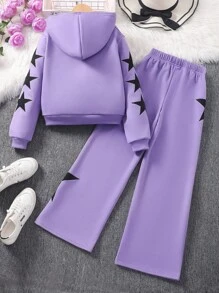 SHEIN Tween Girls Solid Star Embroidered Hooded Sweatshirt Set, Autumn/Winter - Purple - View 2