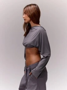 MUSERA Slash Neck Draped Backless Crop Top Casual Summer Spring Summer Holiday - Dark Grey - View 3